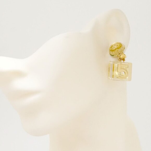 CHANEL No.5 Lucite Cube Dangle Earrings Gold Tone 97P Auth w/Box - Picture 1 of 6